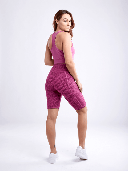 Black Lavender JupiterGear high-waisted scrunch yoga shorts with hip pockets, made for activewear and comfortable movement.