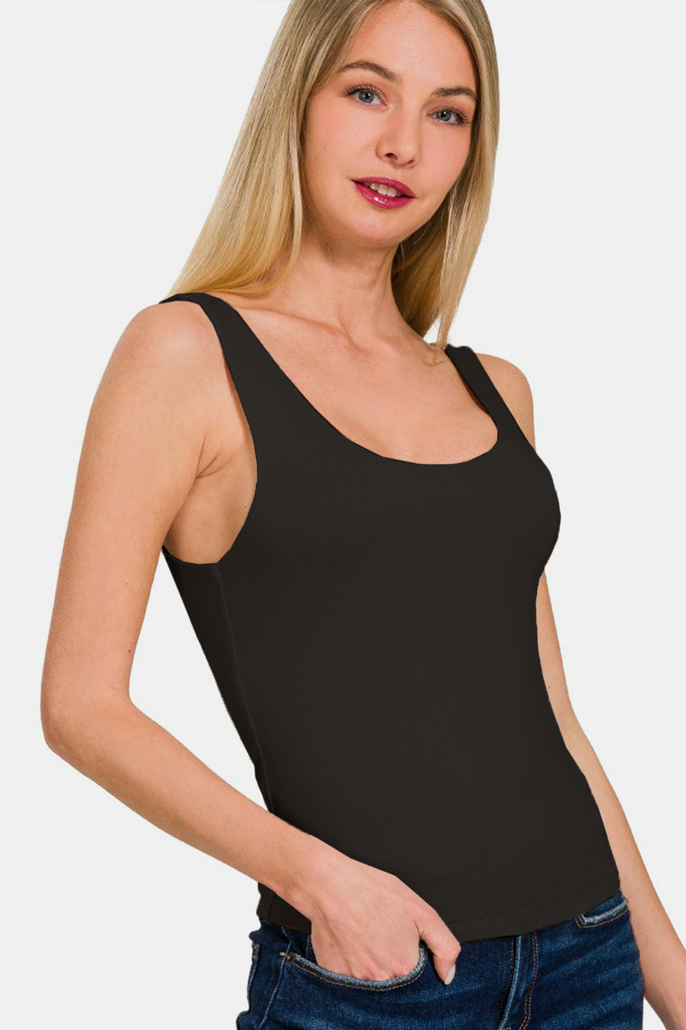 Jade Icarus Zenana double layer round neck tank top for women, showcasing the layered design and comfortable fit.