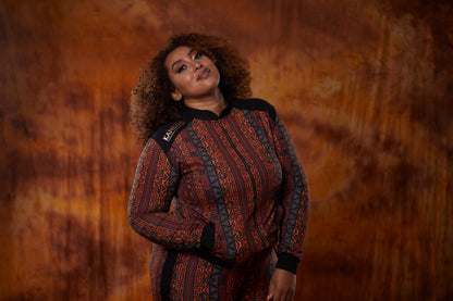 Olive Buckeye African tracksuit for women featuring colorful traditional patterns and comfortable fit.