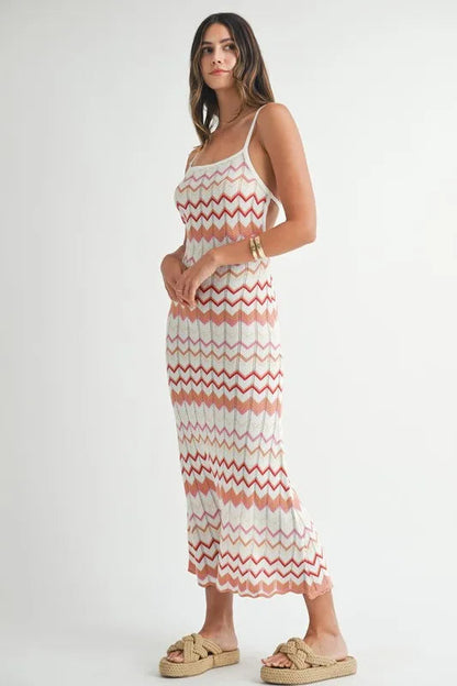 Lightweight MABLE Pointelle Chevron Knit Maxi Dress by Pear Daisy, showcasing a flowing, textured knit design.