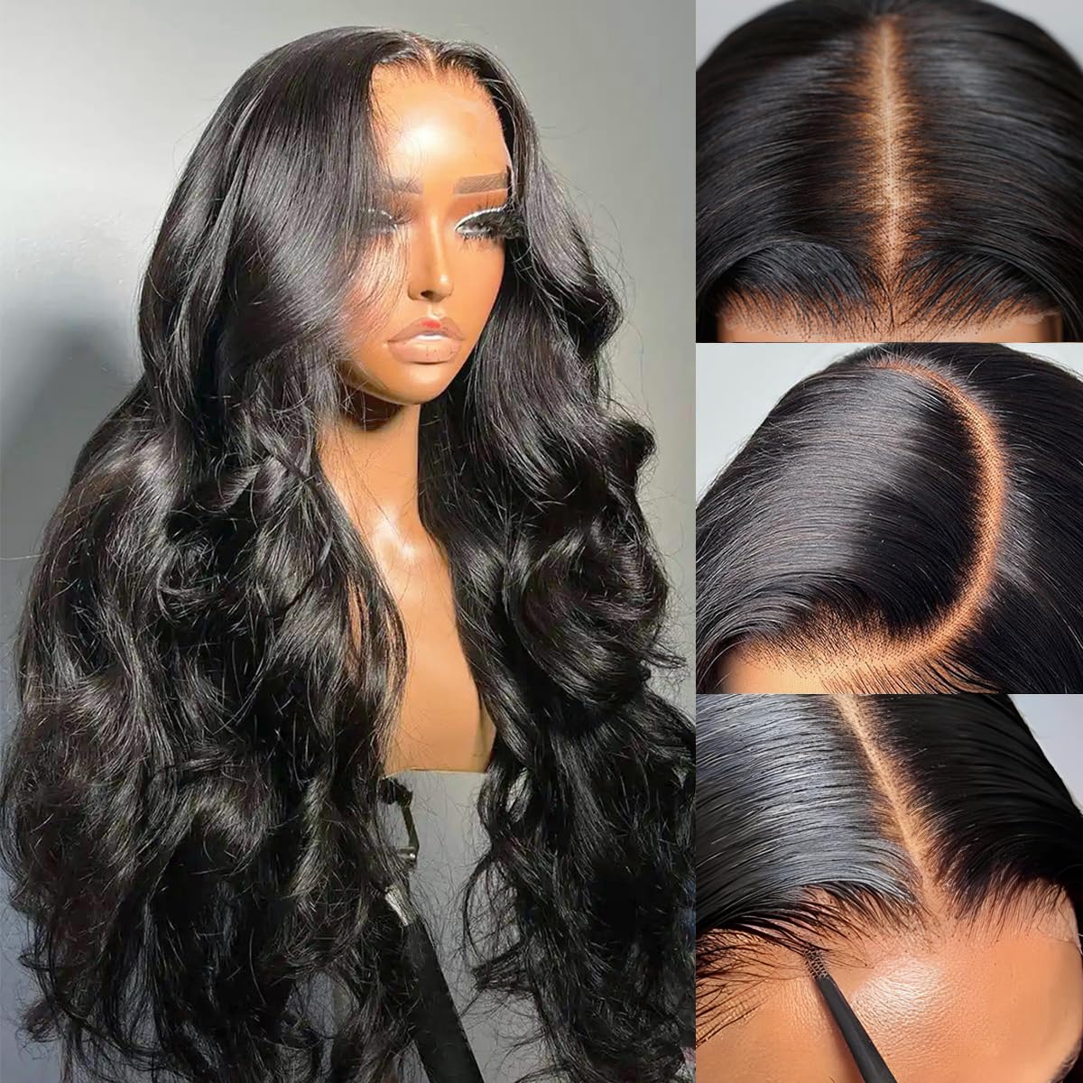 Natural color 4x6 lace closure wig with human hair and body wave style, shown on a model, by Pear Daisy.