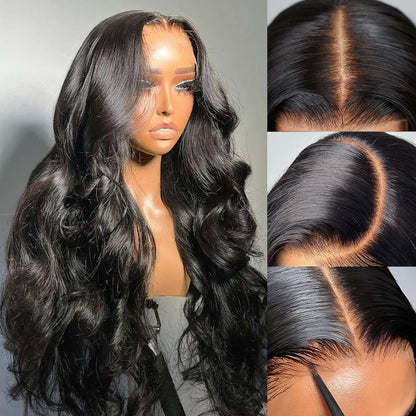 Natural color 4x6 lace closure wig with human hair and body wave style, shown on a model, by Pear Daisy.