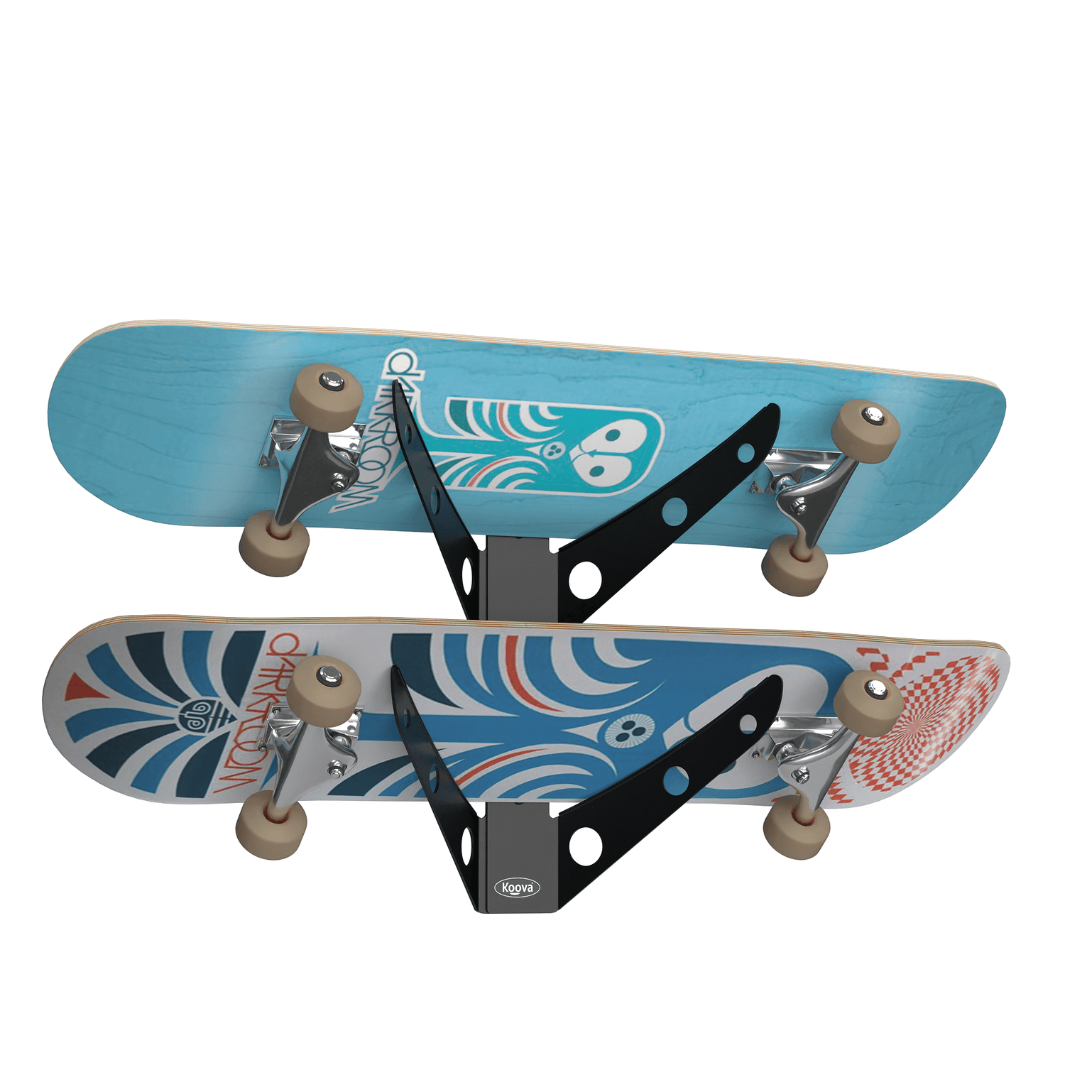Crimson Astraeus skateboard rack holding up to three skateboards, showcasing its organized design for efficient storage.