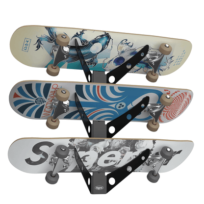 Crimson Astraeus skateboard rack holding up to three skateboard decks for organized storage and display.