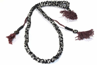 Silver Hestia Buddha Om Meditation Prayer Mala with religious beads and intricate design for mindfulness and spiritual practice.