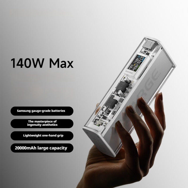 Large capacity portable power bank with transparent casing and fast charging ports, by Gold Penelope tech accessories.