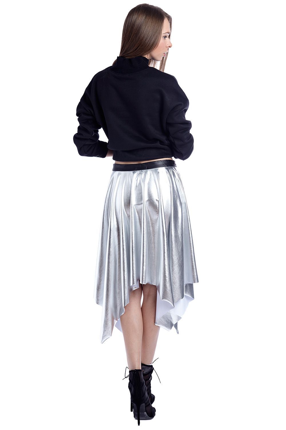 Silver metallic pleated midi skirt by Erin Theia, showcasing shiny fabric and elegant pleats in a stylish accessory image.
