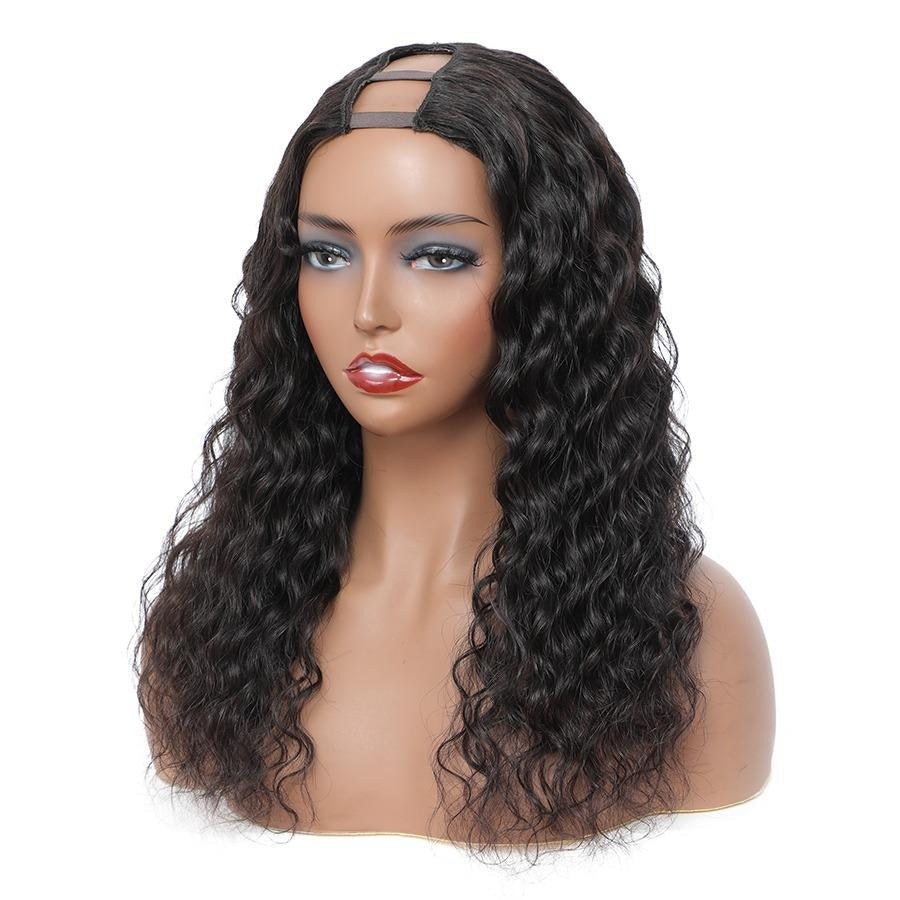 Cerise Alfie water wave human hair U-part wig for black women, Brazilian Remy hair, styled with loose, flowing water wave curls.