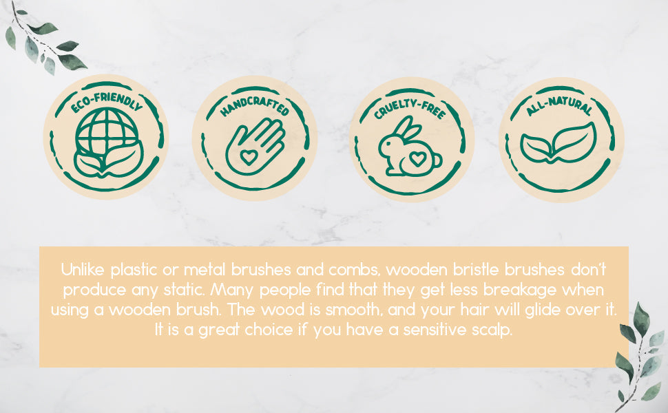 Violet Atlas wooden detangling hair brush with wide teeth for gentle hair and scalp care, shown on a bathroom countertop.