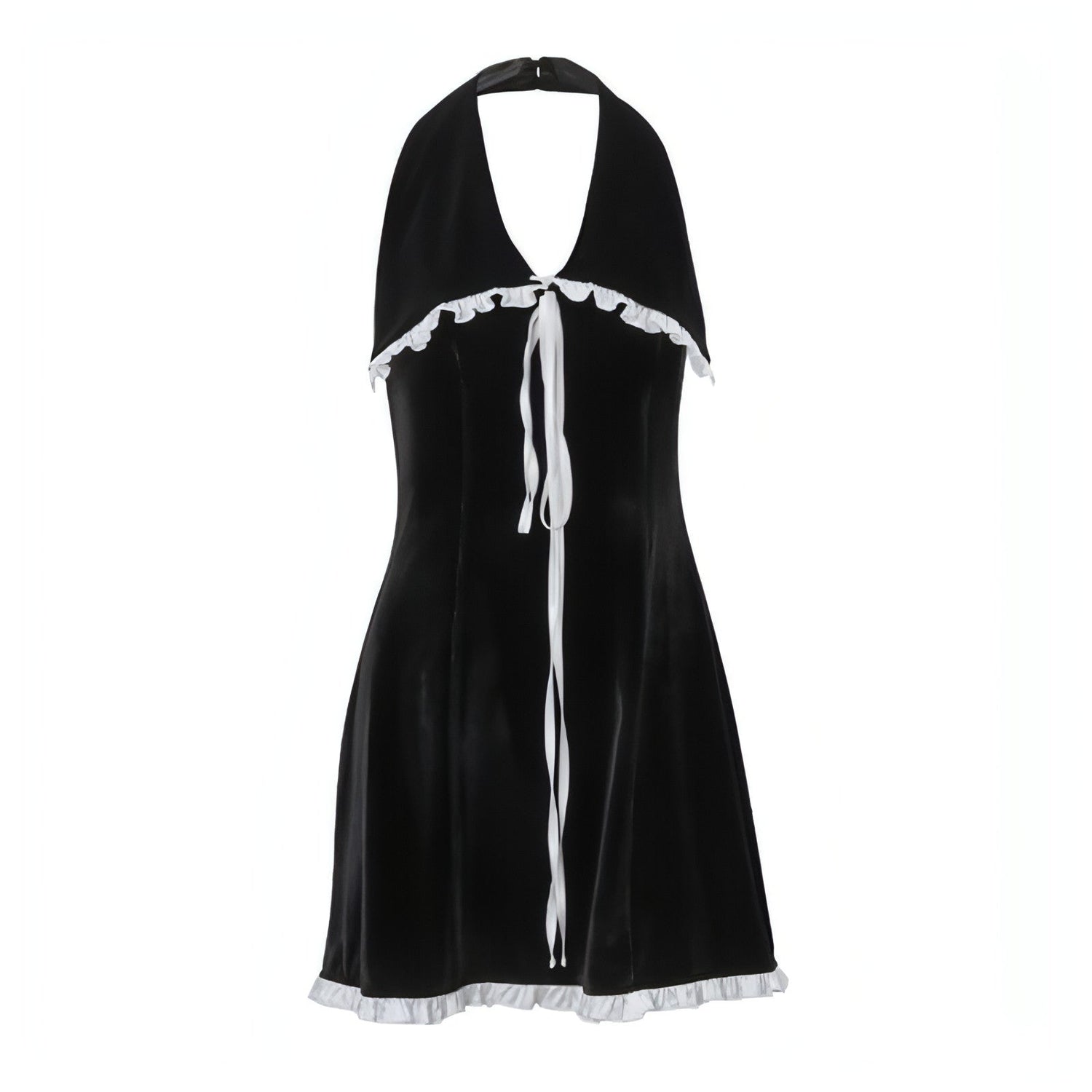 Carmine Juneberry backless suede halter dress with flounce trim, slim fit, lace-up back, designed for women, elegant evening wear