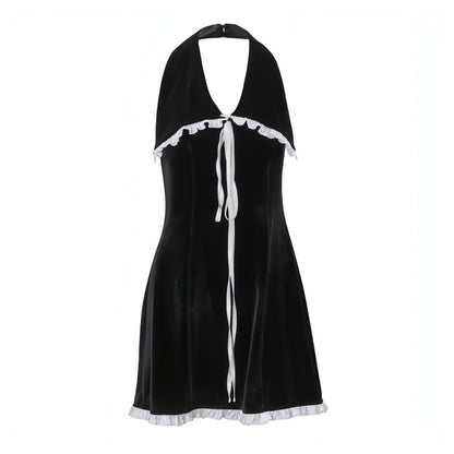 Carmine Juneberry backless suede halter dress with flounce trim, slim fit, lace-up back, designed for women, elegant evening wear