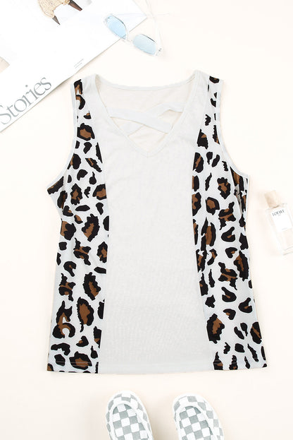 Harlequin Daisy leopard splicing tank top with crisscross design, perfect for bath and beauty wear, shown in black and brown pattern.