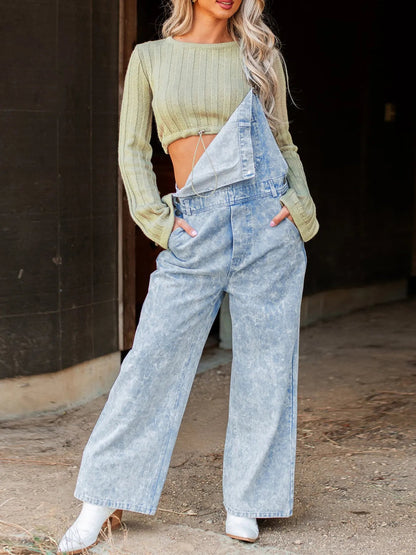 Vintage washed wide-leg denim overalls with front pockets for women by Ruby Styx, showing relaxed fit and classic denim texture.
