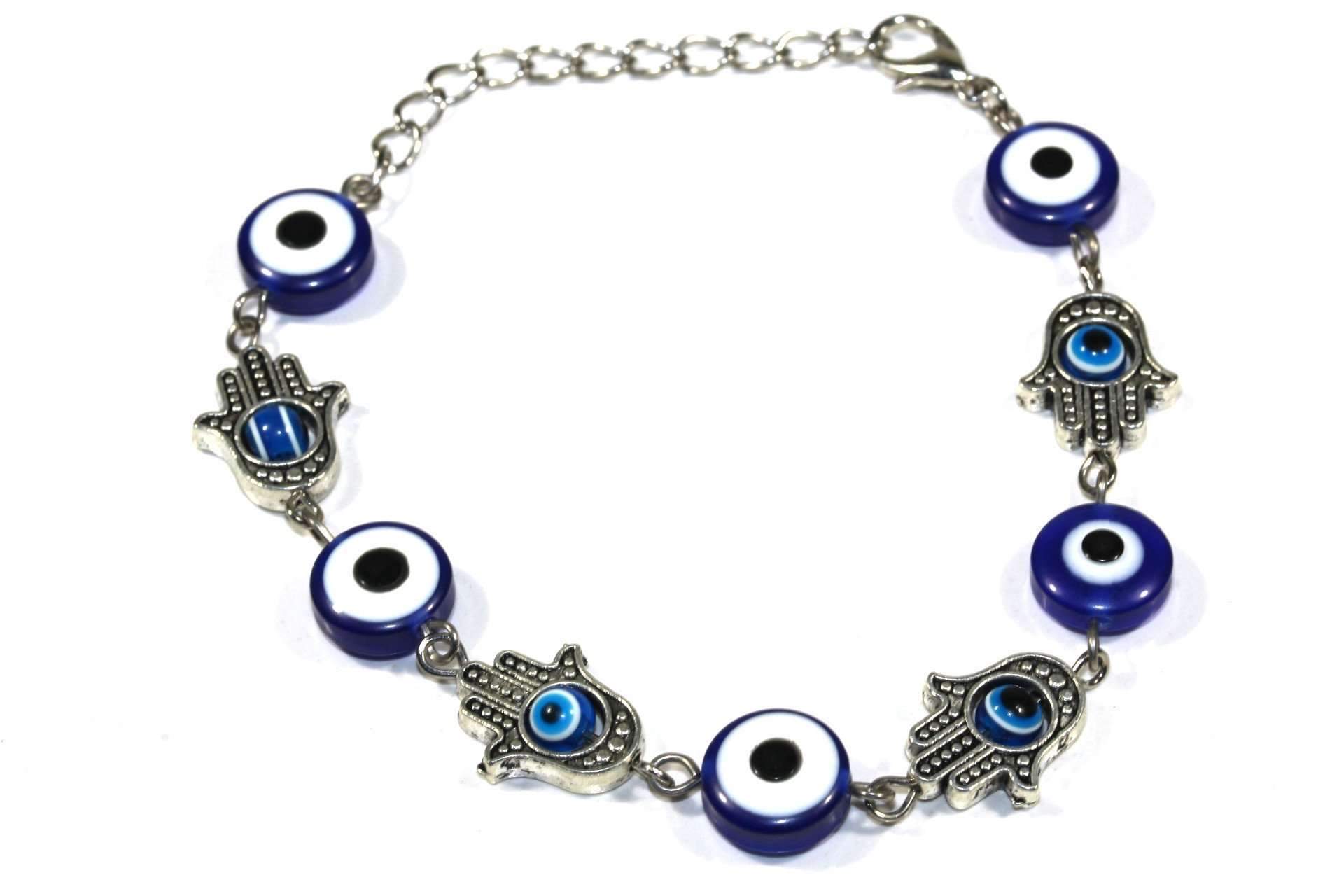 Silver Hestia Hamsa Hands and Evil Eye marbled bead bracelet with silver accents, stylish boho jewelry accessory.