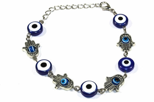 Silver Hestia Hamsa Hands and Evil Eye marbled bead bracelet featuring colorful beads and protective symbols.