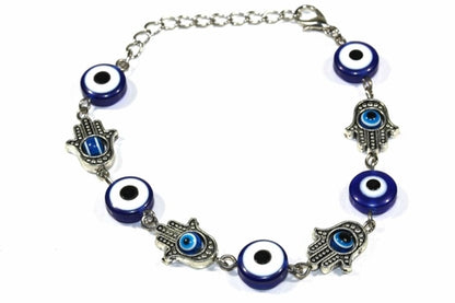 Silver Hestia Hamsa Hands and Evil Eye marbled bead bracelet featuring colorful beads and protective symbols.