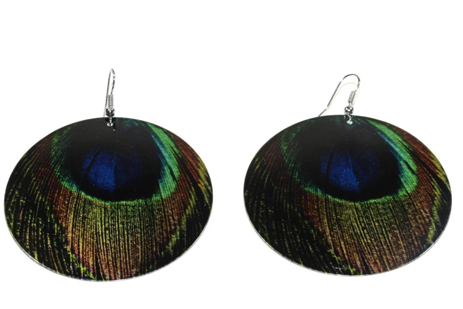 Close-up of Silver Hestia peacock feather mother of pearl earrings showing intricate feather details and iridescent pearl accents.