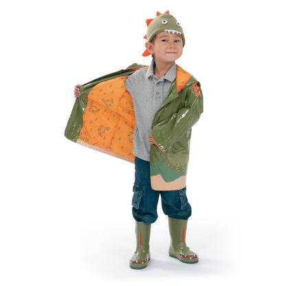 Kids dinosaur raincoat by Magenta Ash featuring a colorful dinosaur print and a free hanger for easy storage.