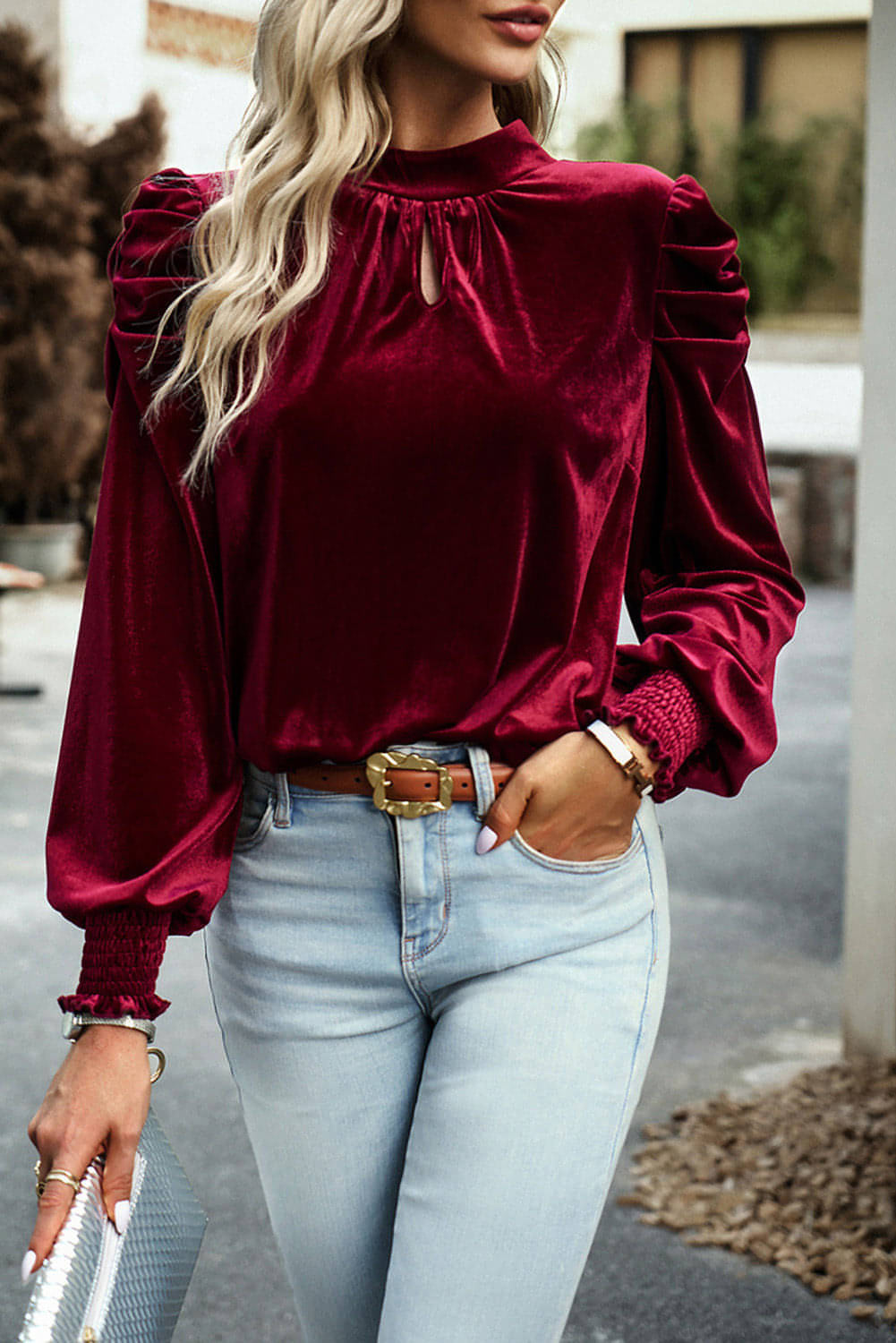 Fiery red velvet mock neck blouse with puff sleeves from Carmine Juneberry, stylish tops and blouses for fashionable looks.