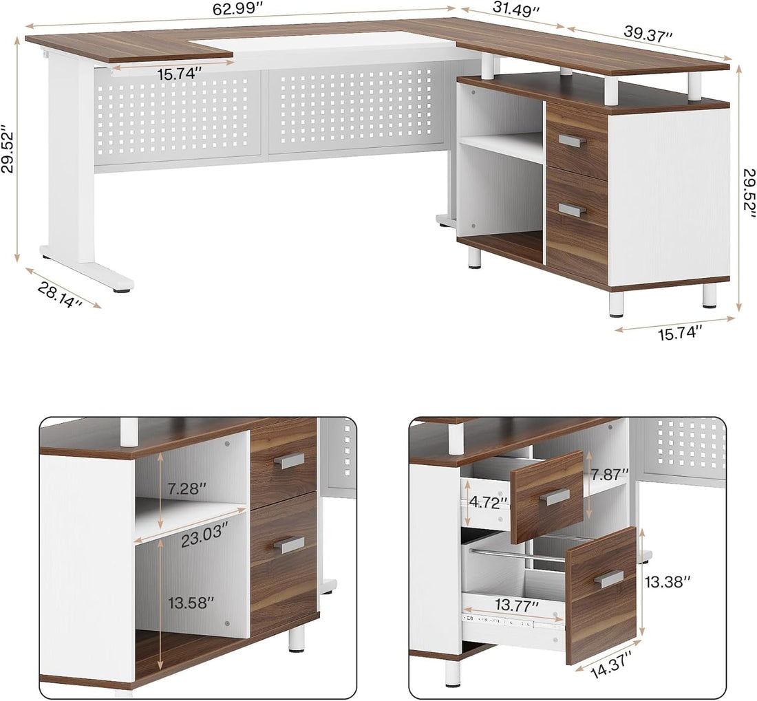 Walnut 63Inch Executive Desk With File Storage Cabinet
