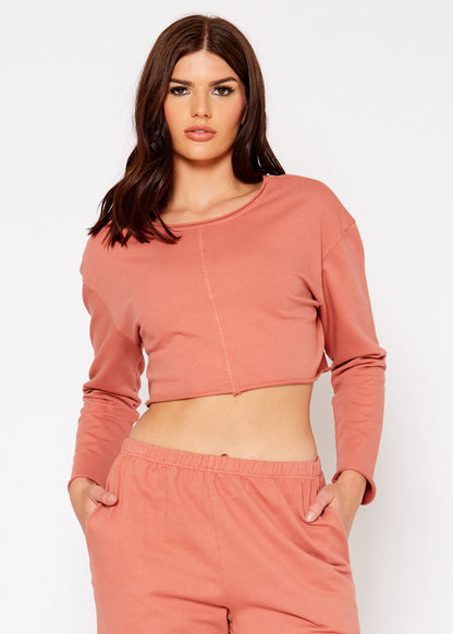 Lemon Hera cropped scoop neck terry sweatshirt in soft rose color, casual sweater with long sleeves and relaxed fit.