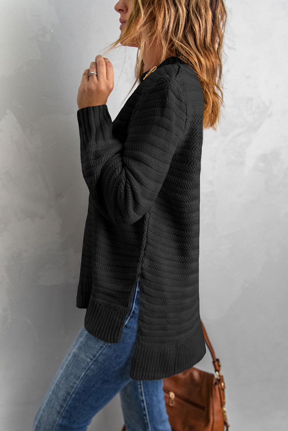 Black solid color stand collar textured sweater from Harlequin Daisy, suitable for bath and beauty casual wear.