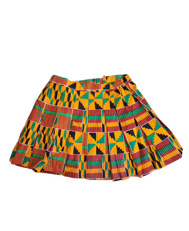 White Baobab African mini Kente skirt T-shirt featuring vibrant Kente patterns, perfect for summer wear and casual styling.