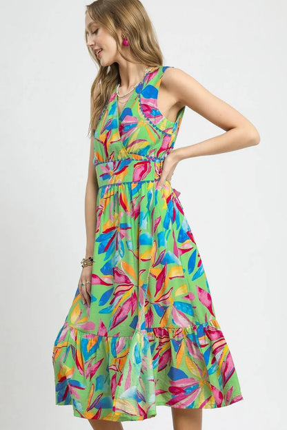 Pear Daisy Umgee printed sleeveless midi dress with ruffled hem, perfect for casual home and garden wear.