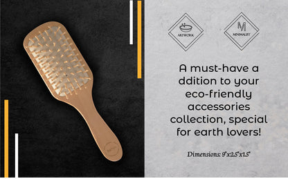 Natural wooden detangling hair brush from Jade Chrysippus, designed for bathroom use with smooth wooden bristles.