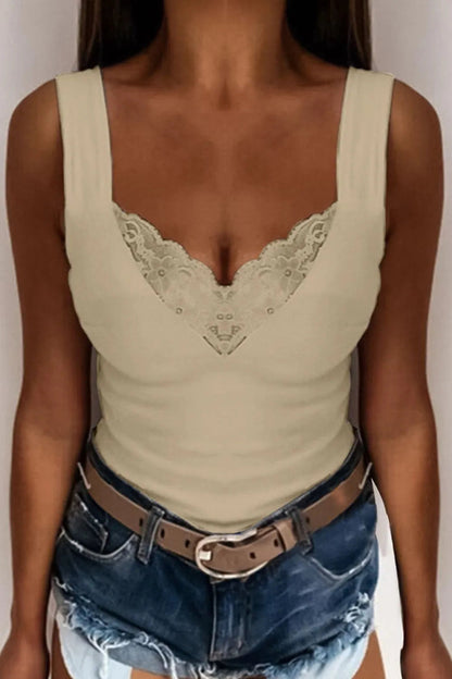 Plus size lace detail V-neck tank top by Pear Daisy, casual sleeveless blouse with feminine lace accents, perfect for home wear.