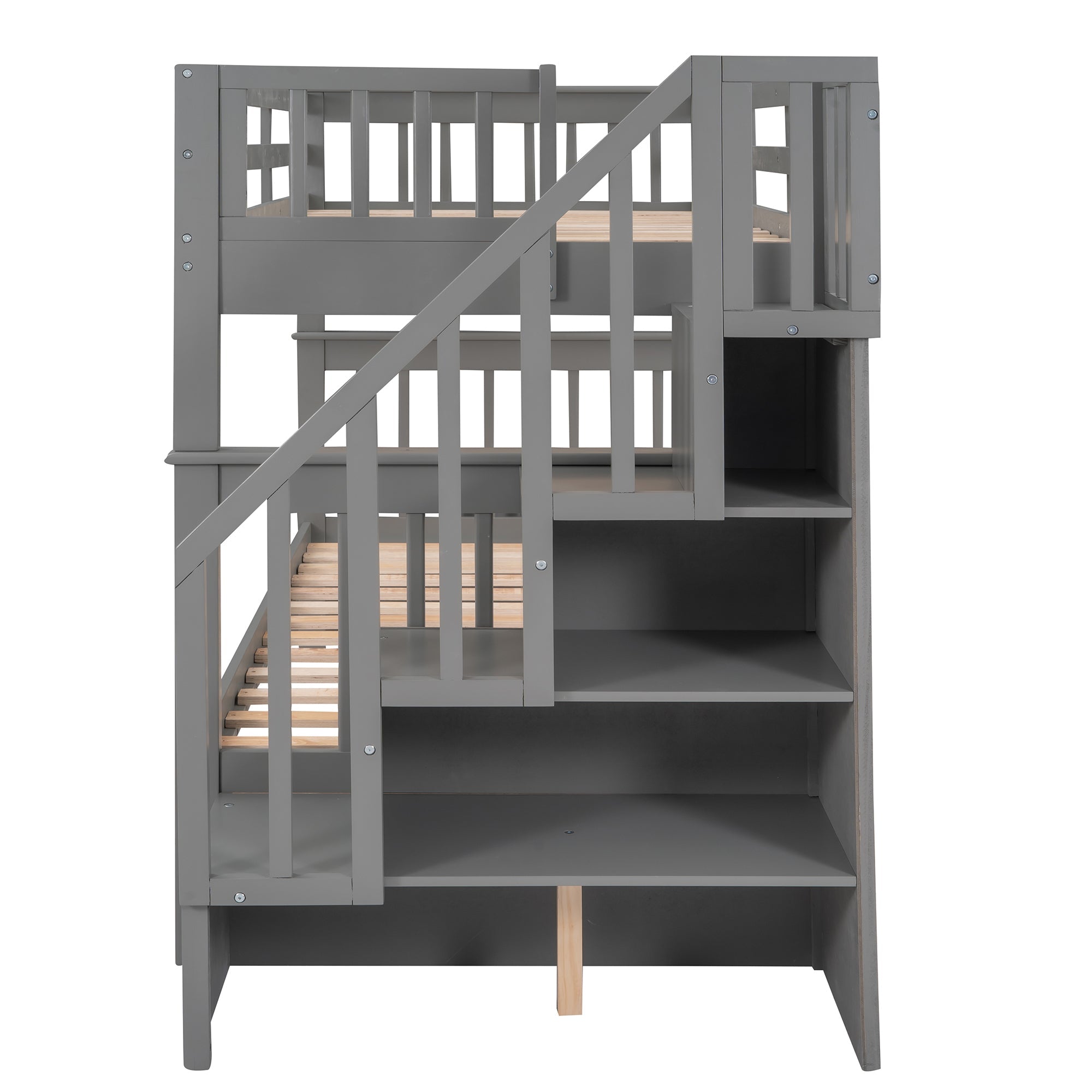 Sangria Beech twin-over-twin bunk bed with three storage drawers, solid wood furniture for bedroom or dorm room.