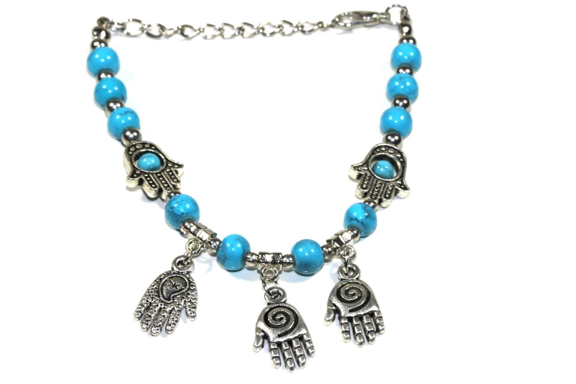 Silver Hestia Hand of Fatima beaded charm bracelet featuring intricate beads and a prominent Hand of Fatima pendant.