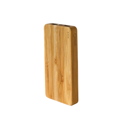 Fuchsia Metis compact bamboo power bank, portable phone charger with eco-friendly bamboo design for travel and home use.