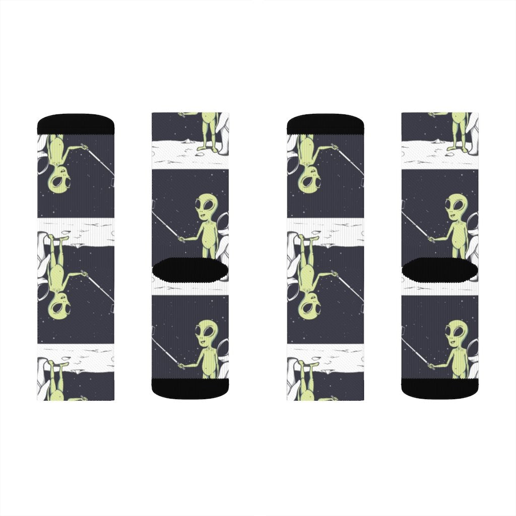 Yellow Pandora Funny Alien Selfie Socks featuring colorful alien characters in playful poses, perfect for fun and quirky style.