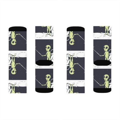 Yellow Pandora Funny Alien Selfie Socks featuring colorful alien characters in playful poses, perfect for fun and quirky style.