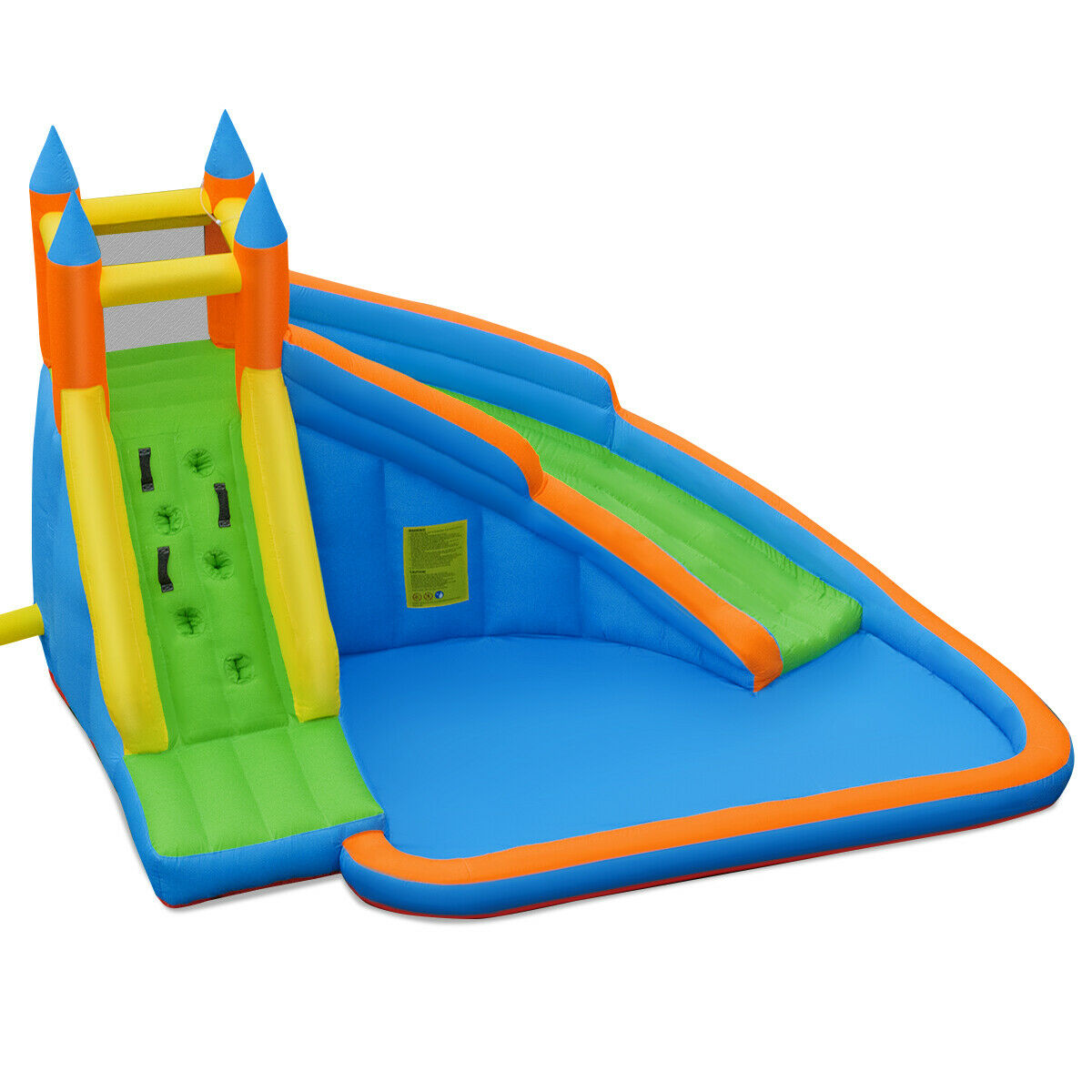 Colorful inflatable bouncy slide waterslide by Emerald Caeneus set up in a backyard for outdoor fun and play.