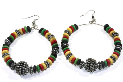 Silver Hestia Rasta Style Hoop Earrings featuring colorful beads and bold circular design on a white background.