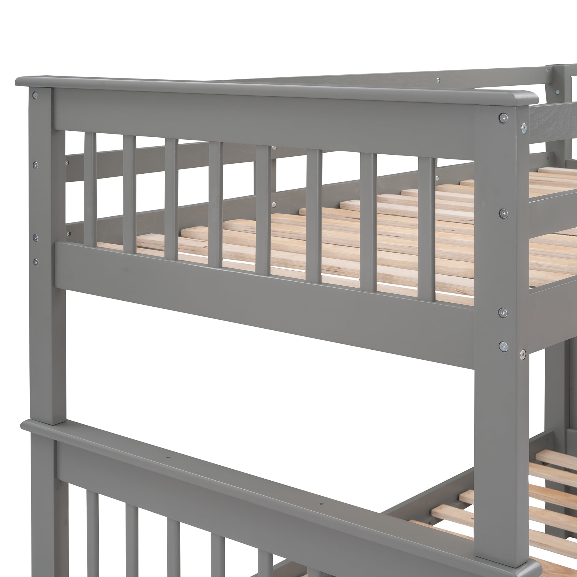 Sangria Beech twin-over-twin bunk bed with three built-in storage drawers, ideal for bedroom or dorm room use.