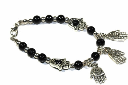 Silver Hestia Hand of Fatima beaded charm bracelet with intricate beads and detailed Hand of Fatima pendant.