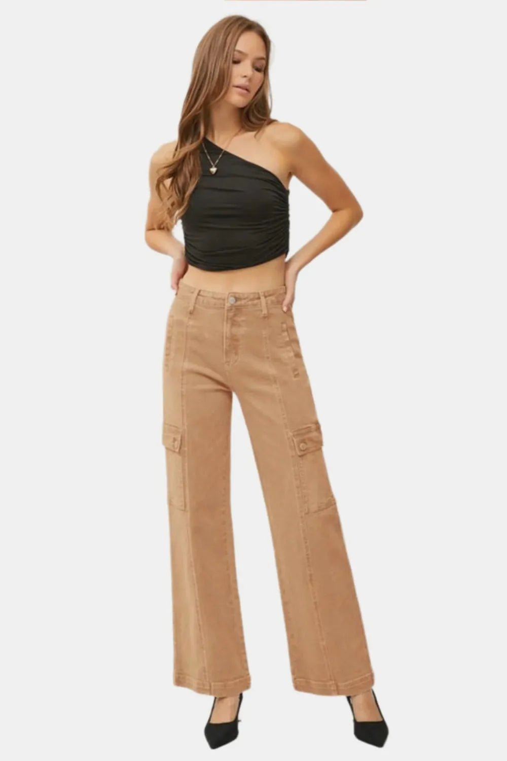 Pear Daisy Risen full size high-rise wide-leg cargo jeans with multiple pockets, shown in a natural denim color.