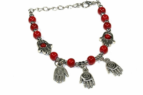 Silver Hestia Hand of Fatima beaded charm bracelet with intricate beads and detailed Hand of Fatima pendant on a delicate chain.