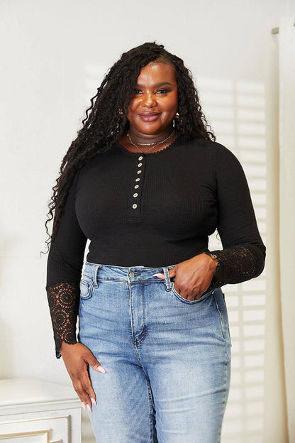 Carmine Juneberry double take crochet lace hem sleeve button top, featuring intricate lace details and long sleeves.