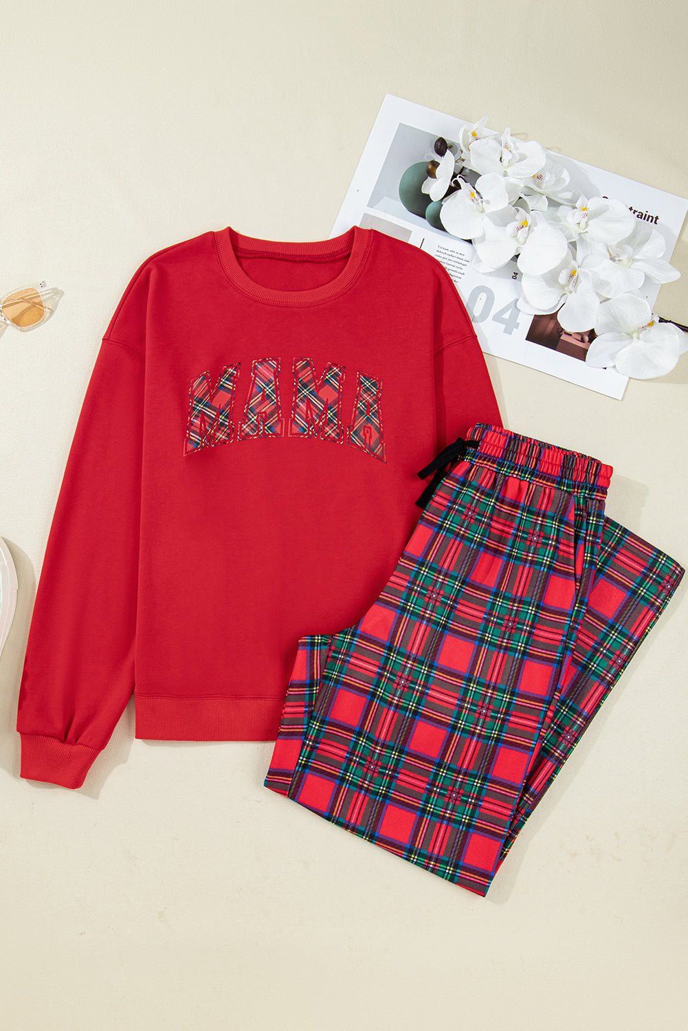 Byzantium Bay Christmas plaid mama pullover and pants matching set, cozy holiday loungewear for women.