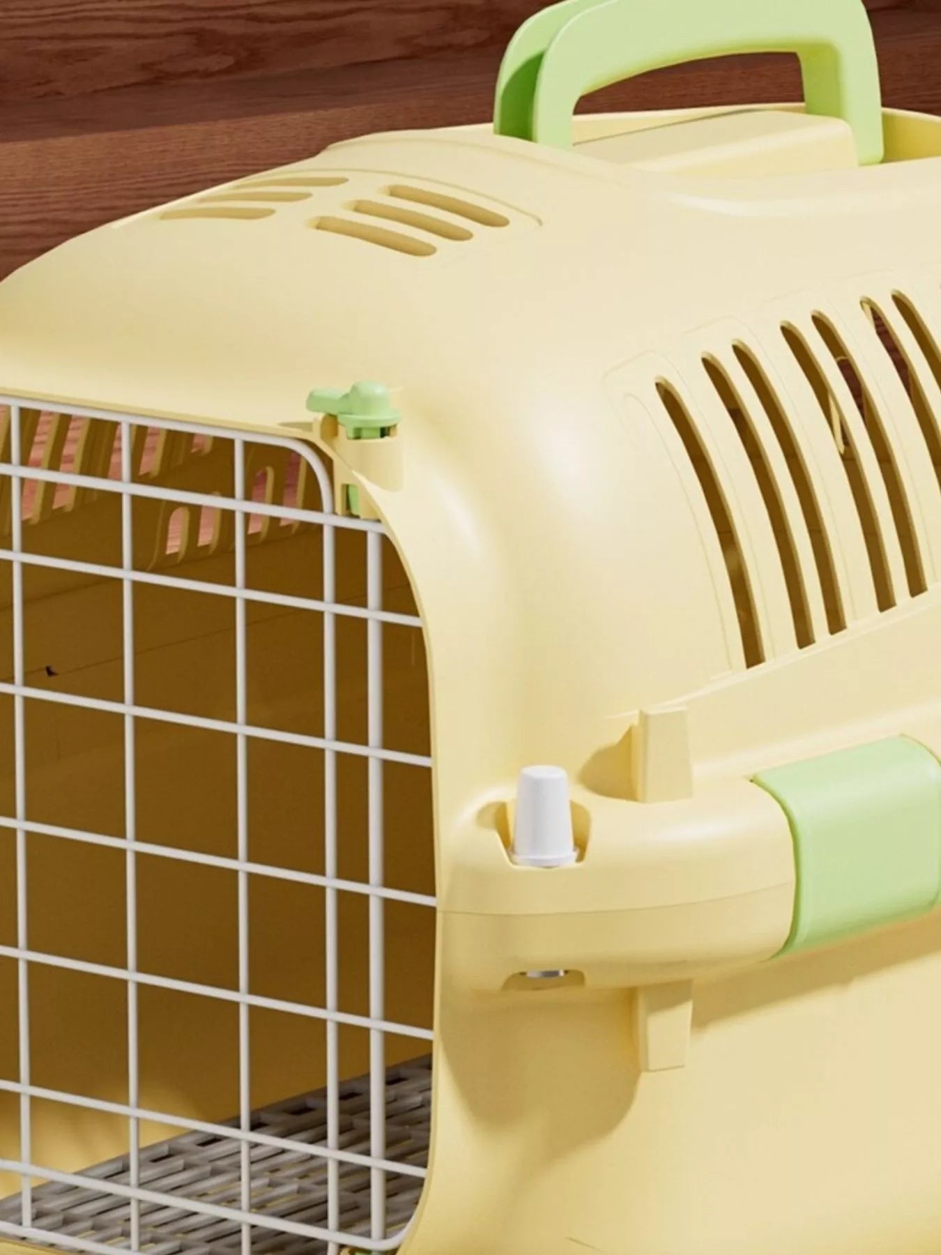 Portable Pear Daisy ventilated pet carrier travel cage with mesh sides for pets, ideal for travel and home use.