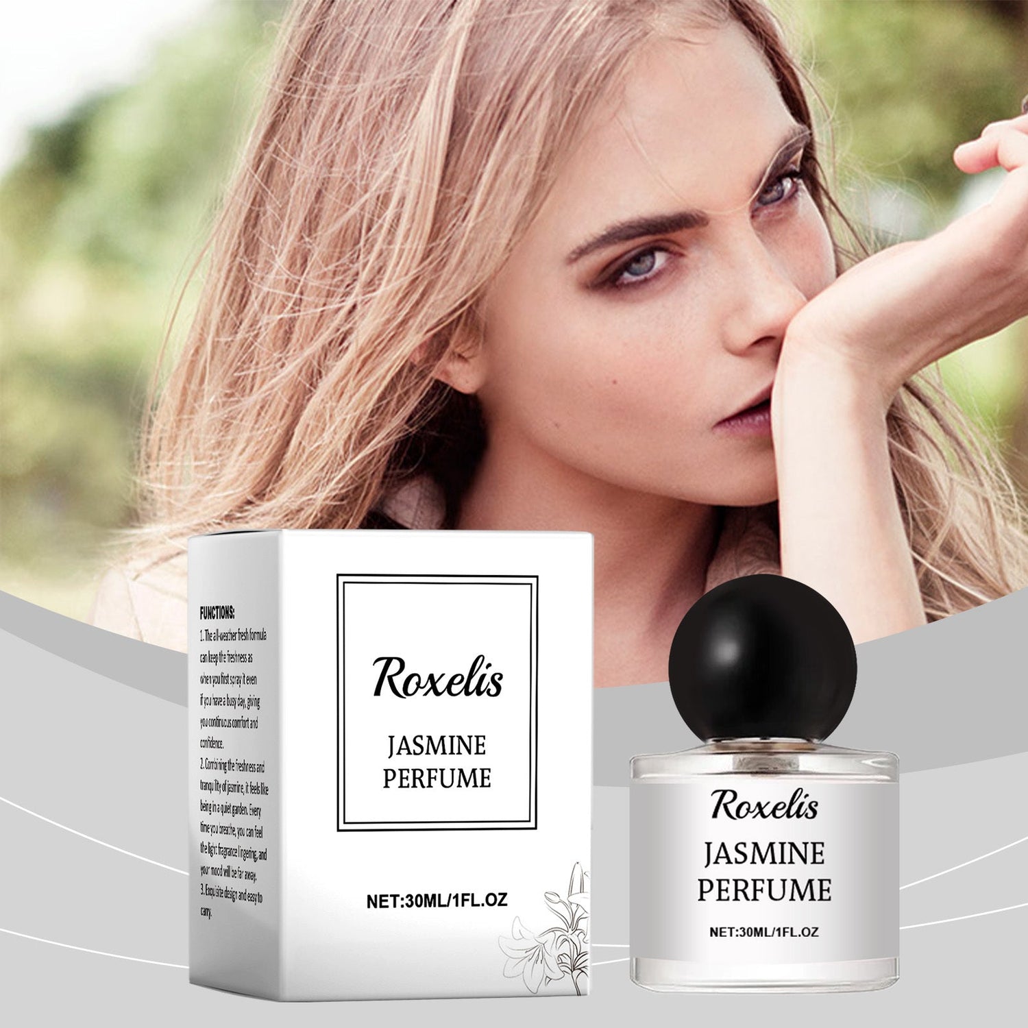 Carmine Juneberry Roxelis Jasmine Romantic Party Perfume 30ml bodycare bottle with floral design and elegant packaging.