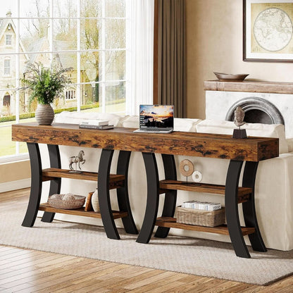 41 Inch Rustic Brown Console Table Curved Frame Shelves