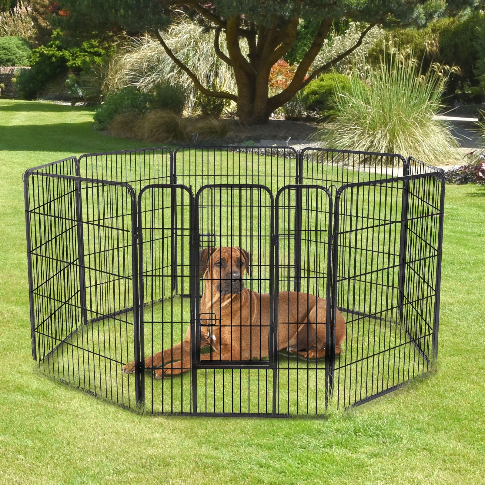 Taupe Shadow DIY 8-panel heavy-duty powder-coated metal dog playpen, sturdy pet enclosure with secure panels for outdoor use