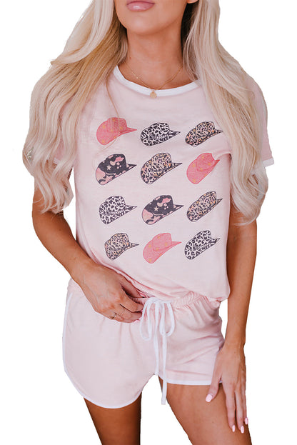 Pink leopard print short sleeve T-shirt and drawstring shorts by Harlequin Daisy, stylish bath and beauty outfit.