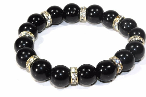 Silver Hestia Agate and pave charms yoga bracelet featuring smooth agate beads and sparkling pave accents on a stretch cord.
