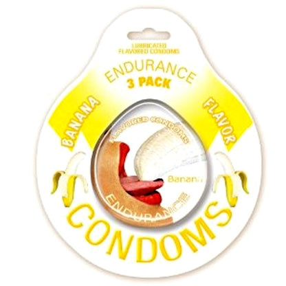 Viridian Leto Endurance Condoms in banana flavor, 3-pack, showing individually wrapped condom packages with banana branding.